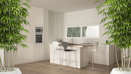 Zen interior with potted bamboo plant, natural interior design concept, minimalist white kitchen with dining table and parquet floor, contemporary modern architecture concept idea