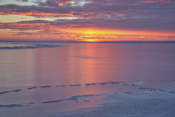 Winter sunset over the lake Balaton of Hungary