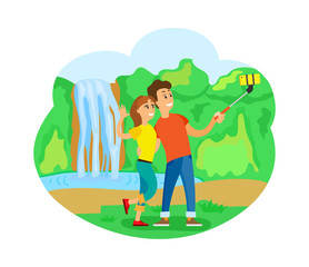 Obraz na płótnie Canvas Romantic trip or journey, travelers couple at waterfall taking selfie vector. Man and woman with smartphone, wild nature, world exploration, traveling