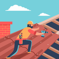 Roofer repair roof covering on house. Vector cartoon man with screwdriver character illustration.