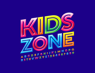 Vector colorful emblem Kids Zone with Creative Alphabet. Modern Uppercase Font. Bright glossy Letters and Numbers 