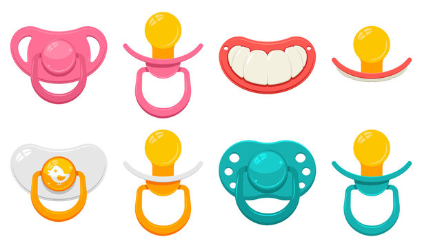Baby pacifier in different type for boys and girls vector cartoon set isolated on a white background.
