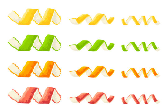 Twisted peel of lemon, grapefruit, orange and lime vector cartoon set isolated on white background.