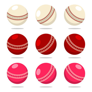 Cricket ball in different color. Vector cartoon sport equipment set isolated on a white background.