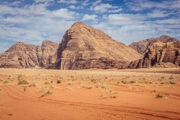 Fototapeta na wymiar Desert lansscape in famous Wadi Rum - Valley of Sand in southern Jordan