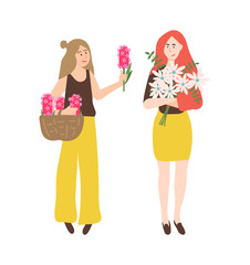 Girls with bouquets of flowers vector, isolated people looking at pink hyacinth and white daisy. Floral composition gathered in woven brown basket