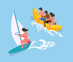 Woman swimming on surfboard with canvas in blue sea waters. People ride on banana boat. Vector cartoon character in bikini suit on summer rest, back view