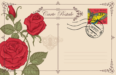 Vintage greeting card or postcard with red roses, key hole and postage stamp with butterfly. Romantic vector card in vintage style with place for text and postmark in frame with curls