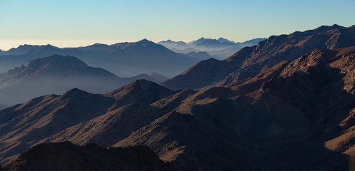 Egypt. Mount Sinai in the morning at sunrise. (Mount Horeb, Gabal Musa, Moses Mount). Pilgrimage place and famous touristic destination.