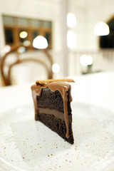 Chocolate cake with cinnamon stick in white table bright background.