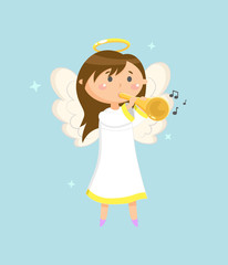 Trumpeter on holiday vector, child girl angel with wings and halo holding trumpet and playing musical instrument. Character waking melodies and songs