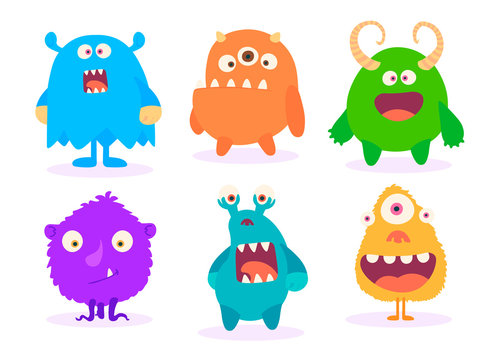 Cartoon Monsters set for Halloween. Vector set of cartoon monsters isolated. Design for print, party decoration, t-shirt, illustration, logo, emblem or sticker