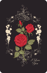 Vintage greeting card, postcard or banner with red roses on the black background. Romantic vector card in vintage style with calligraphic inscription I love you in frame with curls and fruit