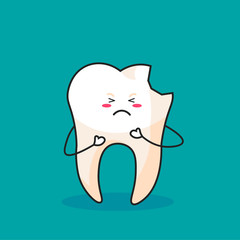 Cute Cartoon Clip Art - Tooth icon with broken and crying face on blue background, Tooth get sick - Vector EPS 10