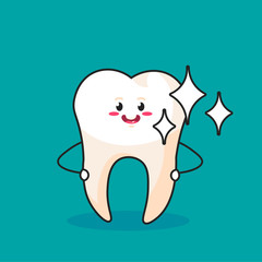 Strong Healthy Tooth iSolated on Blue Background. Cartoon Character for Dentistry Design Concept Vector Illustration