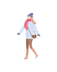 Lady walking wearing warm clothes carrying bag vector. Handbag on woman shoulder, wintertime clothing, glamorous person with hat and mittens gloves
