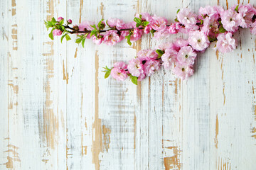 Bunch of spring flowering branches with a lot of white-pink blossoms on wooden background. Rustic composition w/ spring flowers on vintage textured wood table. Close up, copy space, top view.