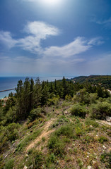 green hill with the sea in the background
