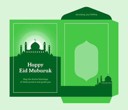 Eid Al Fitr Money Envelope For Islam Great Day Celebration Gift Template Design With Mosque Silhouette Background . Ready To Print Die Cut Vector Graphic.