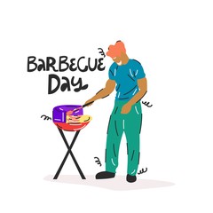 Handdrawn vector illustration of a cartoon man frying a barbecue.