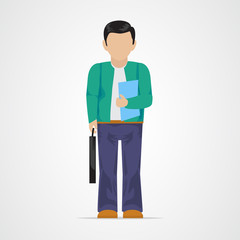 College Student Vector Illustration. Full Length Man College Student - Isolated On Gray Background - Vector. University People. Flat Design Of Young Man. People With Characters