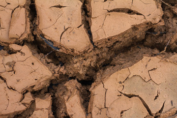 Deep cracks earth in the red land as a symbol of hot climate and drought.
