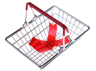 Shopping basket and red satin ribbon on a white background.