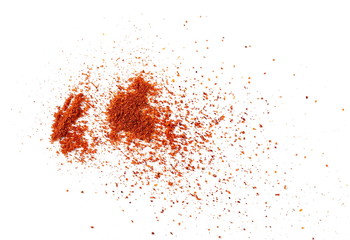 Ground red paprika powder pile isolated on white background, top view