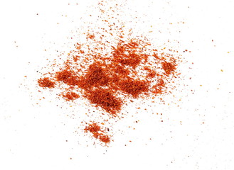 Ground red paprika powder pile isolated on white background, top view