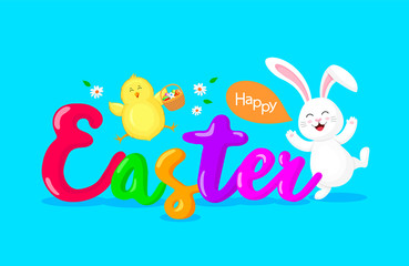 Obraz na płótnie Canvas Easter text with cute white rabbit and chick. Cartoon character design. Happy Easter day concept, illustration isolated on blue background.