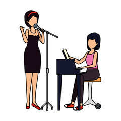 women playing grand piano and sing characters