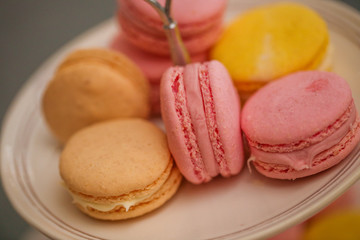 delicious pink, brown and yellow macaroons on plate