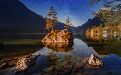 Wonderful Sunny Landscape on Alpine Highland with Incredible Mountains lake.