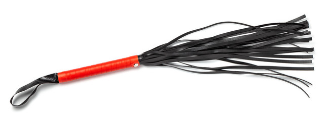 Leather whip isolated on white background. Sex toy for intimate perversions. Sex slavery