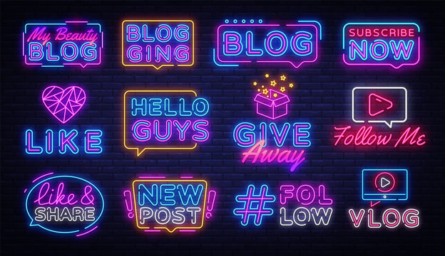 Blogging collection neon signs vector. Social networks design template concept. Blog Neon banner background design, night symbol, modern trend design. Vectro Illustration