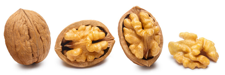 Set of delicious walnuts, isolated on white background