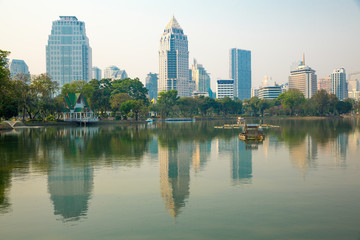 Lumphini Park in Bangkok. Bangkok skyline. View point at lake.