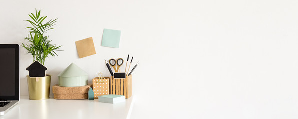 Home office desk. Creative workspace. Mock up.	