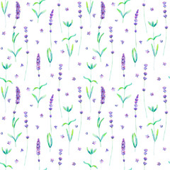Lavender flowers, leaves and branches watercolor seamless pattern on white background