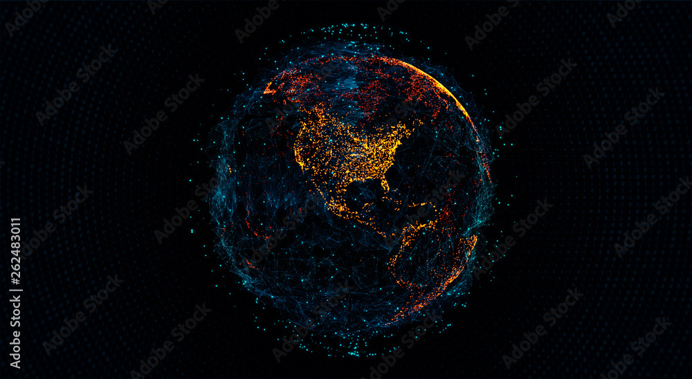 Poster Global International Connectivity Background. Connection lines Around Earth Globe, Blockchain network concept. Futuristic Technology Theme Background with Light Effect.