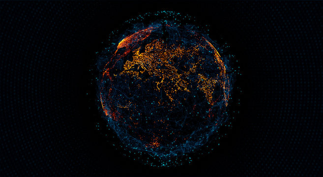 Global International Connectivity Background. Connection Lines Around Earth Globe, Blockchain Network Concept. Futuristic Technology Theme Background With Light Effect.