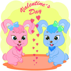valentines day greeting card with little rabbits. cartoon vector illustration.