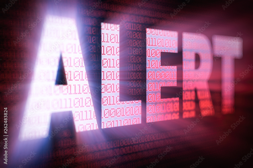 Fototapete alert bright glowing word on computer screen filled with binary code