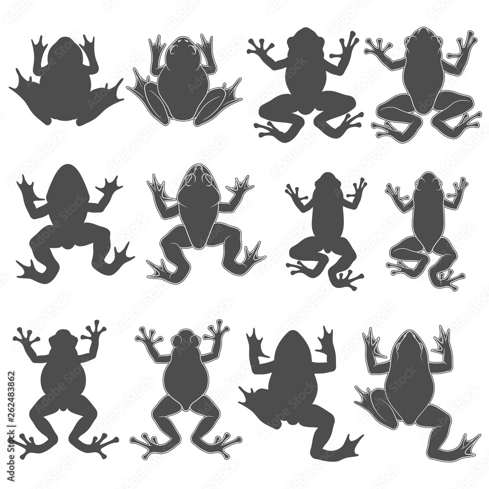 Aufkleber set of black and white illustrations with tree and river frogs. isolated vector objects on white bac