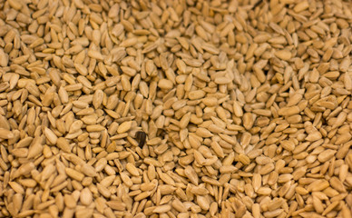 peeled seeds cereals food textured background in supermarket counter by weight 