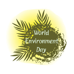 Planet Earth with green palm leaves isolated on the white background. Hand drawn lettering of World Environment Day. Vector illustration