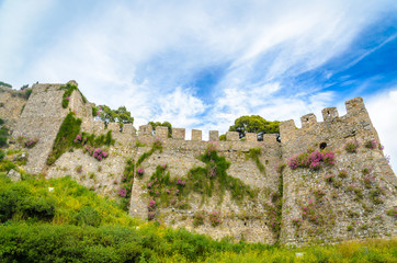 Fototapeta na wymiar The castle of Nafpaktos in Greece in springtime with colorful blooming flowers