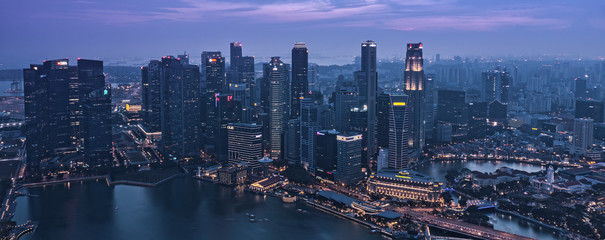 Twilight at Singapore Downtown CBD Marina Bay Skyscrapers - Awakening of Night - obrazy, fototapety, plakaty