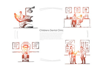 Dentistry, teeth checkup, patient in chair, doctor and kid in stomatology, hospital banner template