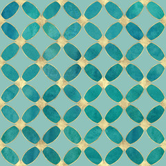 Seamless watercolour teal turquoise gold glitter abstract texture.